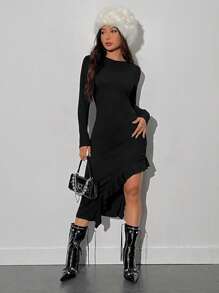 SHEIN Unity Ruffle Cạnh Viền bất đối xứng Tay áo dài Đầm - màu đen - Xem 5