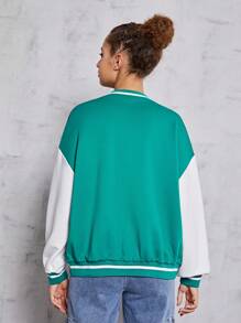 SHEIN Teenager Letter & Plaid Color Block Print Casual Jacket - Green - View 2
