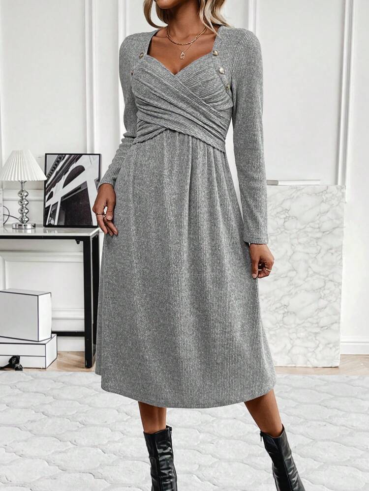 Women's Cross-Front Wrap Sweetheart Neckline Button Detail Dress Fall Cloth For Women