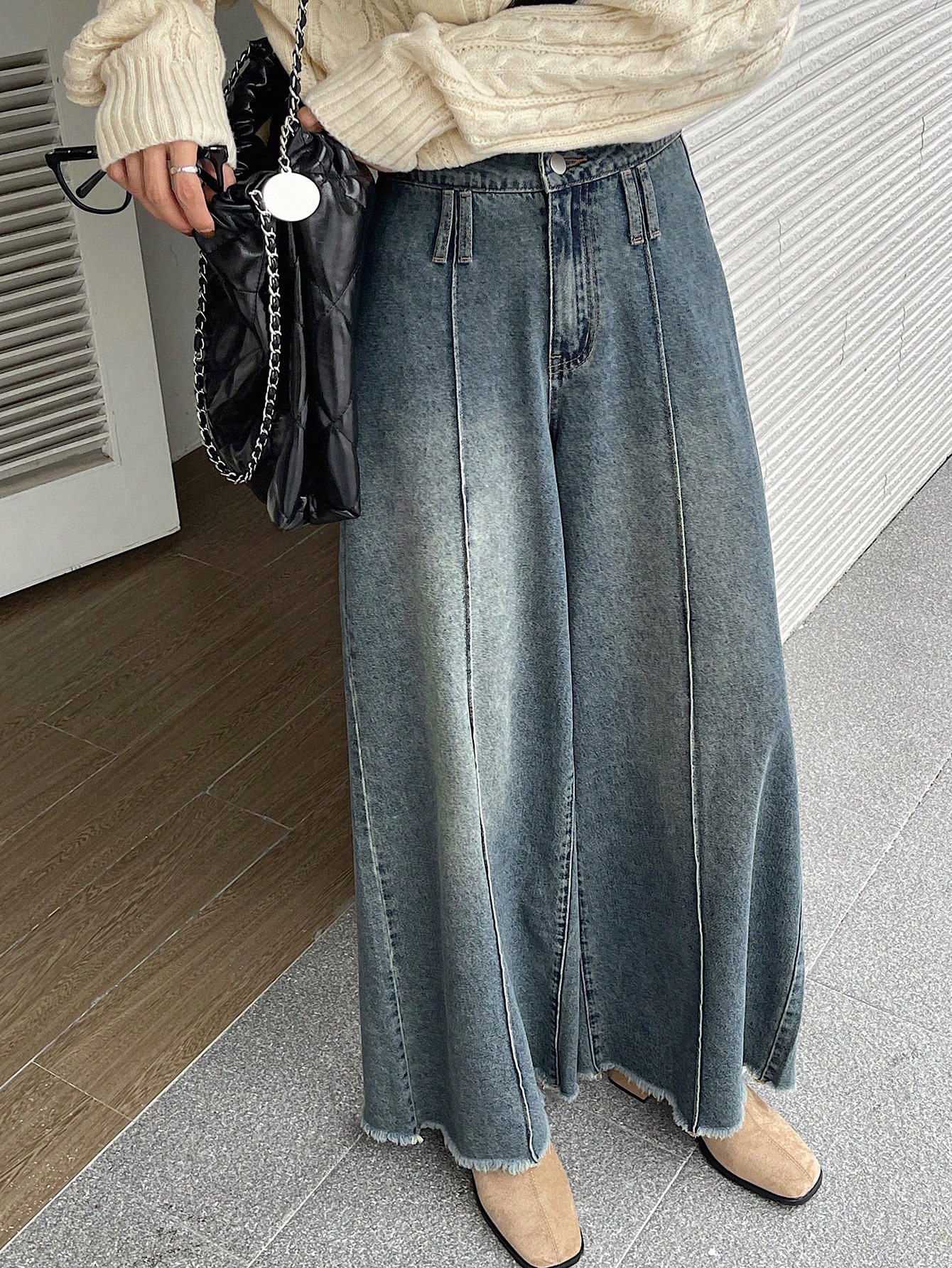 DAZY بنطلون جينز نسائي واسع مع حافة مبرودة، جينز و...