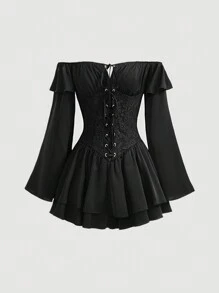 SHEIN MOD Mameluco Floral De Encaje Con Hombros Descubiertos Para Mujeres Y Mangas Acampanadas - Negro - Ver 1