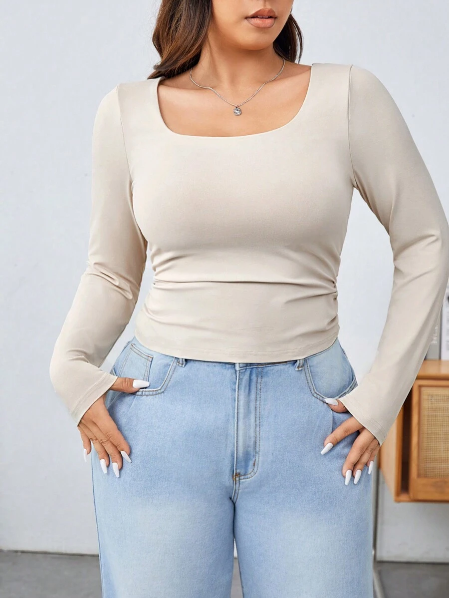 SHEIN EZwear 米色針織長袖女式t卹 - 米色 - 查看 1