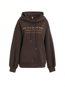 DAZY 女字母印花抽繩落肩連帽衫 - 棕色 - 查看 11