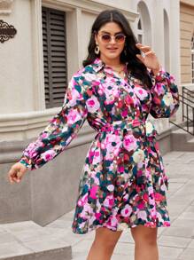 Franclia Plus Size Flower Printed Belted Dress - Multicolor - View 5