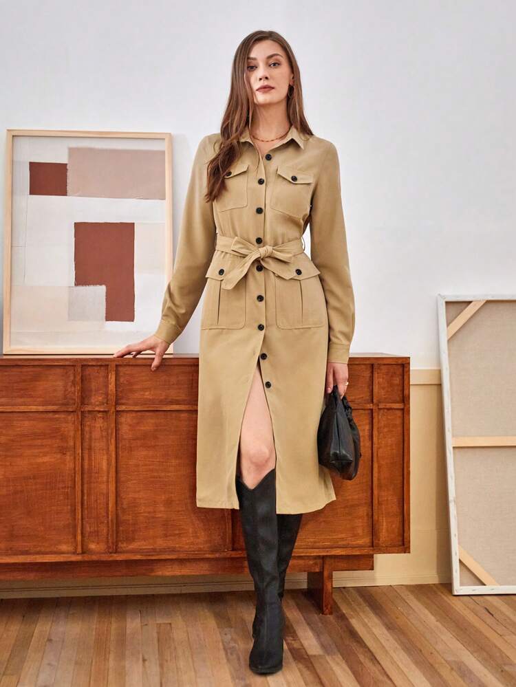Women's Belted Shirt Dress With Flap Pockets