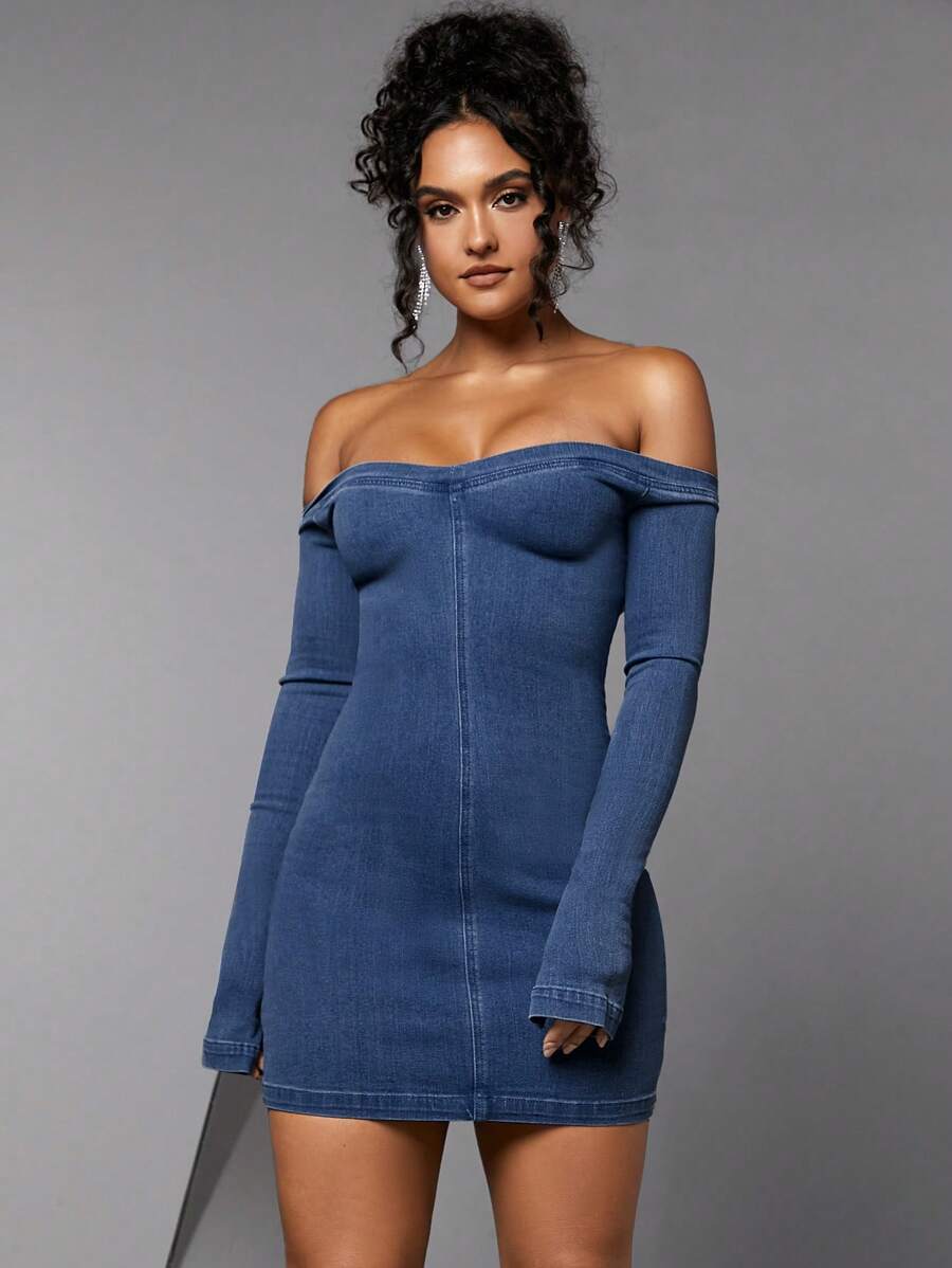 SHEIN BAE Của phụ nữ Đầm Denim - Rửa tối - Xem 1