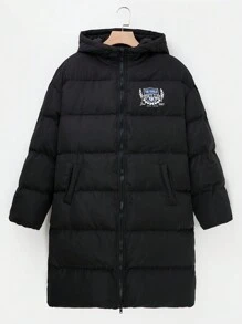SHEIN EZwear Chi tiết Patched thư Thả vai Dây kéo áo có mũ Áo khoác Phồng - màu đen - Xem 1