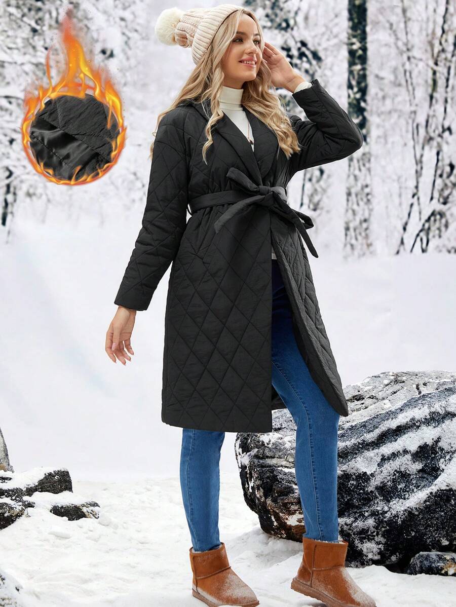 SHEIN 孕婦純色荷葉領自綁腰帶開放式前閉合外套 - 黑色 - 查看 1