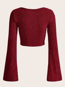 SHEIN MOD 女性加大號鈴袖條紋t恤 - 酒紅色 - 查看 2