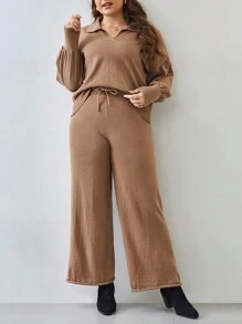 SHEIN Frenchy Women'S Plus Size Collared Sweater And Drawstring Knit Pants Set