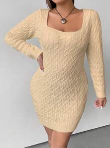 Flirla 大尺碼女款時尚方領喇叭形針織毛衣連身裙 - 杏色 - 查看 4