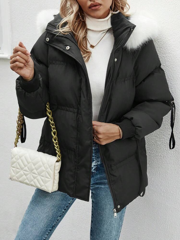 Drawstring Waist Hooded Padded Coat With Patchwork Fall Cloth For Women