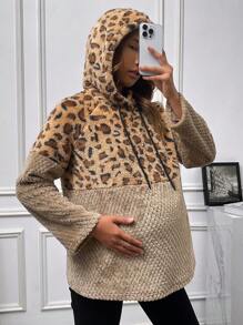 SHEIN Pregnant Women's Leopard Print Fleece Sportswear For Maternity, For Winter - Khaki - View 5