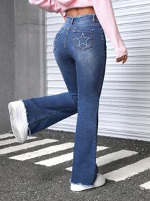 SHEIN EZwear Women's Geometric Print Frayed Hem Jeans - Medium Wash - View 1