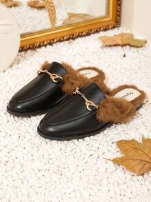 黑色平底拖鞋,毛茸茸家居拖鞋適合女士,時尚 - 黑色 - 查看 8