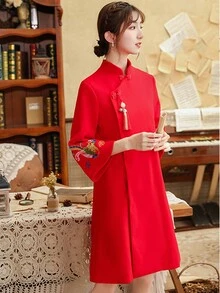 2023年冬季風厚羊毛外套女,新娘紅色修身旗袍連衣裙和及膝裙,適用於新年慶祝