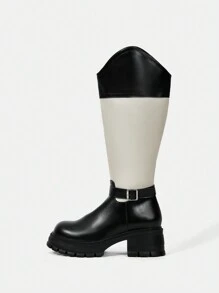SheIn MOD 扣環細節兩色調女性時尚過膝靴