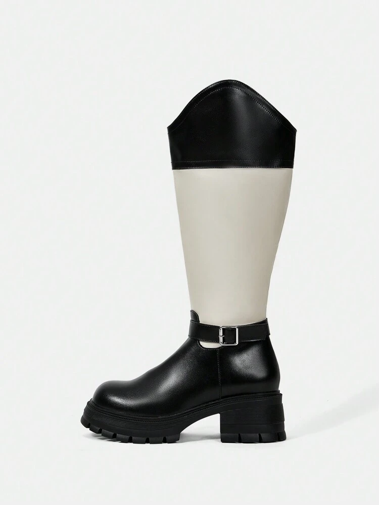 Buckle Detail Two Tone Women's Fashionable Over-the-knee Boots