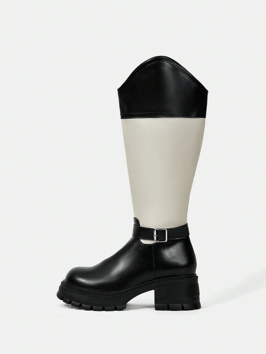 SheIn MOD 扣環細節兩色調女性時尚過膝靴