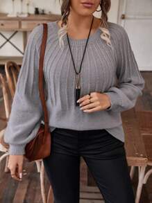 SHEIN LUNE Lantern Sleeve Round Neck Plus Size Sweater, For Winter Knit Pullover Fall Sweater - Grey - View 7