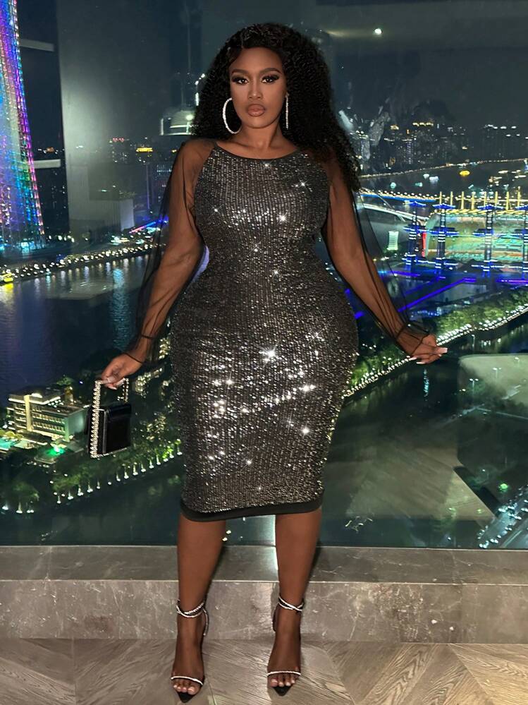 SHEIN Slayr Plus Size Women s Sparkling Mesh Splice Knee length Dress SHEIN