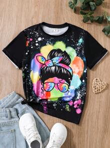 SHEIN Tween Girls Colorful Pattern Round Neck T-Shirt