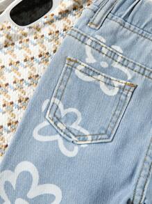 Baby Girls' Elastic Waist Flower Print Denim Pants - Medium Wash - View 7