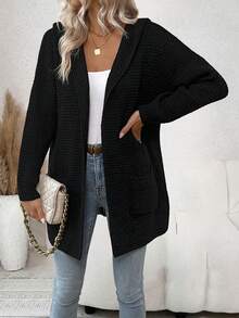 SHEIN LUNE Dual Pocket Hooded Duster Cardigan - Black - View 3
