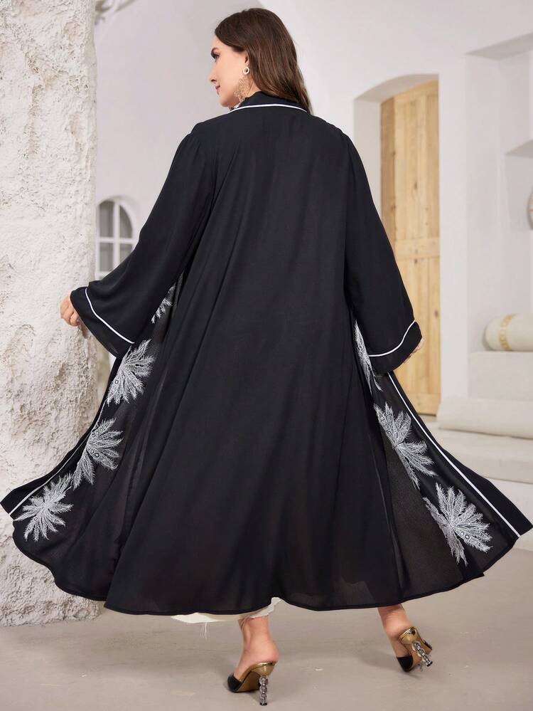 Plus Size Color Block Printed Casual Long Jacket With Rolled Edge Abayas