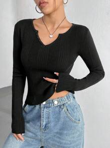 Flirla Suéter De Mujer Con Cuello De Muesca De Color Liso