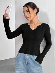 Flirla Suéter De Mujer Con Cuello De Muesca De Color Liso
