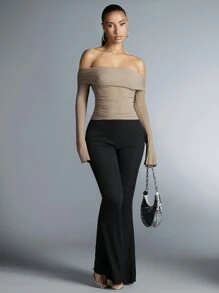 SHEIN BAE 女士露肩褶皺上衣 - 卡其色 - 查看 3