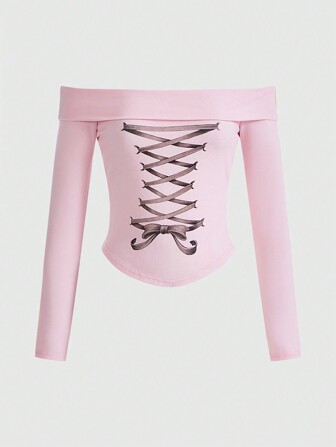 Kawaii T-shirt Aderente Off-shoulder Da Donna Con Dettaglio Di Stampa Finto-cintura