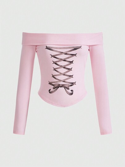 Kawaii Ladies' Off-shoulder Fitted T-shirt With Printed Mock Belt Detail