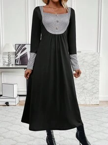 SHEIN LUNE Women's Color Block Square Collar Button Detail Dress - Black - View 5
