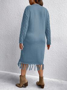 SHEIN LUNE 大碼純色針織流蘇下擺毛衣連身裙 - 霧霾藍 - 查看 2