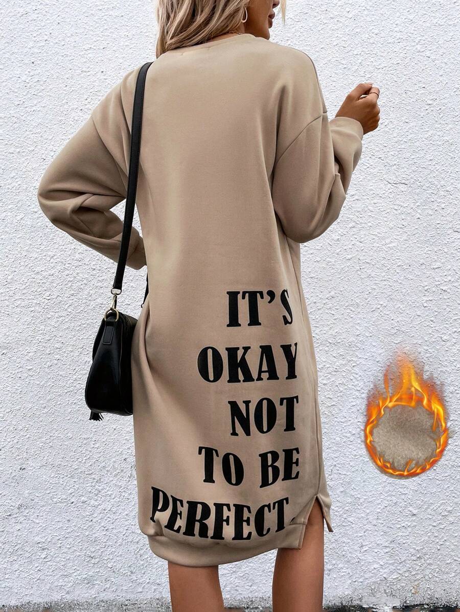 SHEIN LUNE Slogan Graphic Drop Shoulder Split Hem Sweatshirt Dress - Khaki - View 1