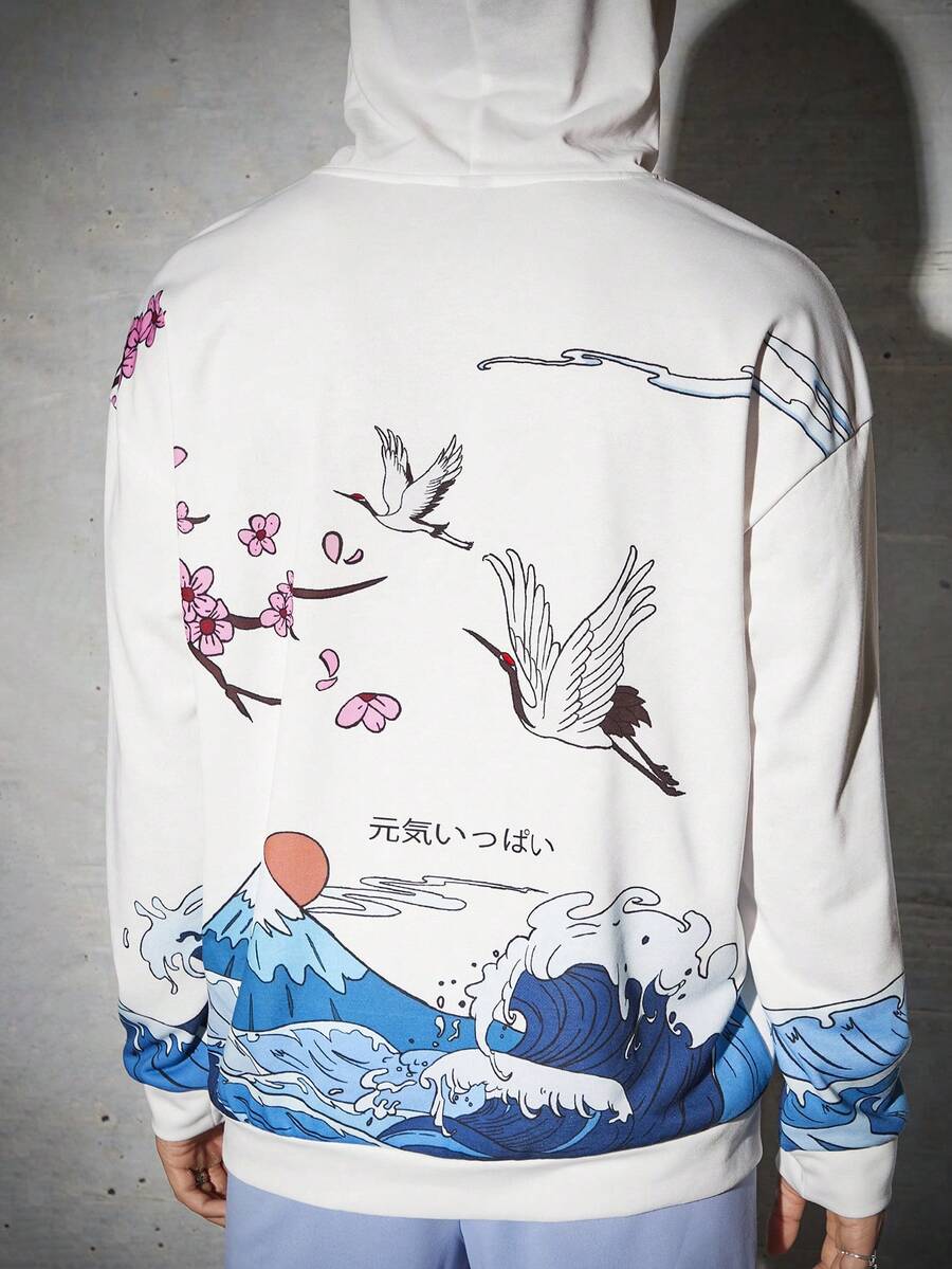 Manfinity RebelGame 男士鶴紋及花卉印花袋鼠口袋連帽衫 - 彩色 - 查看 1