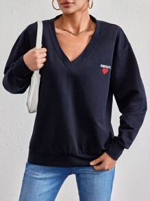 EURMUSE Heart & Letter Embroidery Drop Shoulder Sweatshirt - Navy Blue - View 1