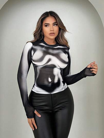 SHEIN SXY Women's Body Image Print Long Sleeve T-shirt