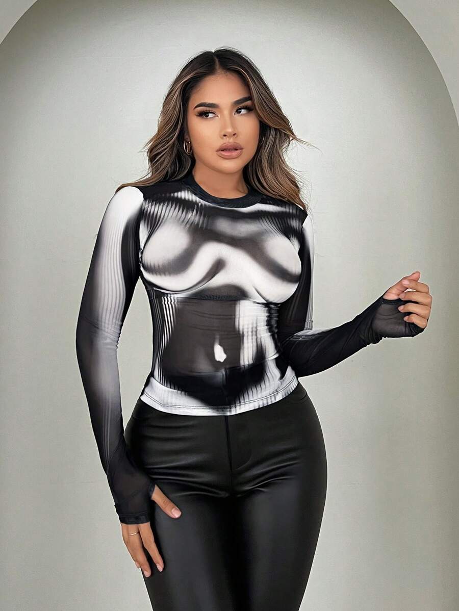 SHEIN SXY Của phụ nữ Cơ thể Hình ảnh In Tay áo dài Áo thun - Nhiều màu - Xem 1