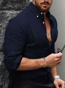 Men's Casual Button Up Long Sleeve Shirt, Fall - Navy Blue - View 3