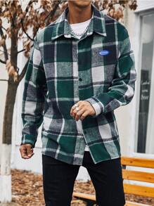 Manfinity Homme Men's Plus Size Plaid Woven Shacket With Letter Patches