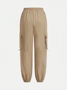 SHEIN 少女固色編織豬鼻扣束口口袋褲 - 卡其色 - 查看 2