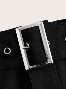 SHEIN EZwear 實色迷你裙裝短褲連腰帶 - 黑色 - 查看 4