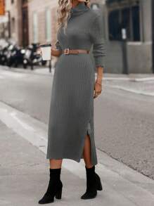 SHEIN Clasi Của phụ nữ Cổ cao Cái nĩa cao Đầm Áo len Không bao gồm Thắt lưng - Xám - Xem 1