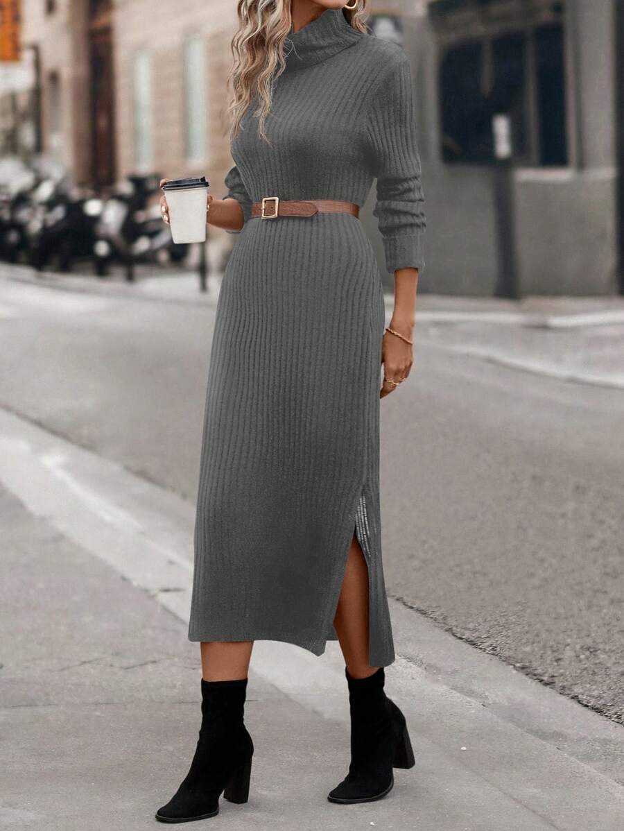 SHEIN Clasi Của phụ nữ Cổ cao Cái nĩa cao Đầm Áo len Không bao gồm Thắt lưng - Xám - Xem 1