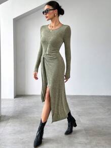 SHEIN Essnce 不对称下摆二合一连衣裙 - 軍綠色 - 查看 3