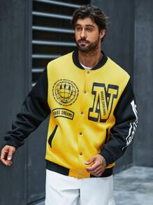 Manfinity Homme Veste De Baseball À Blocs De Couleur Imprimée Texte Taille Plus Pour Homme, Coupe Ample - Jaune citron - Voir 3