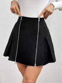 SHEIN Privé Women'S Zippered Pleated Skirt - Black - View 6